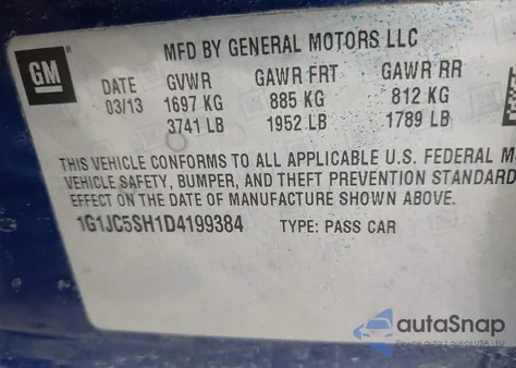 2013 Chevrolet Sonic Lt Auto z USA, uszkodzony, nr VIN 1G1JC5SH1D4199384